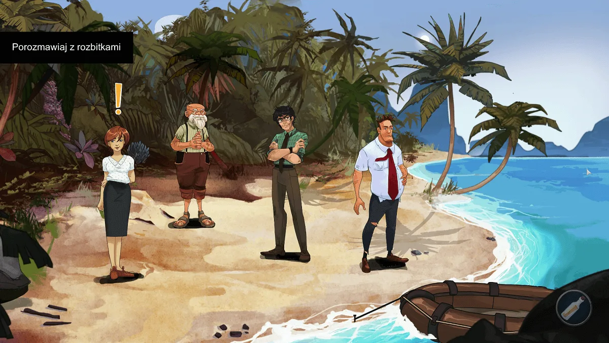 Scena z gry Castaway Island: grupa rozbitków na plaży bezludnej wyspy