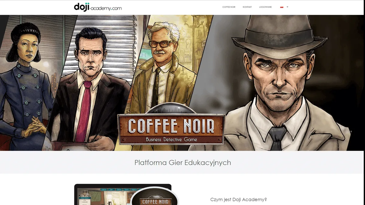 Strona główna portalu Doji Academy z banerem gry Coffee Noir i listą gier edukacyjnych